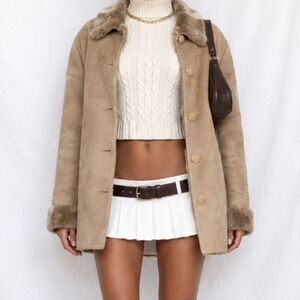 Vintage Y2K Brown Shearling Faux Fur Lined Trim Suede Teddy Jacket Coat Size S